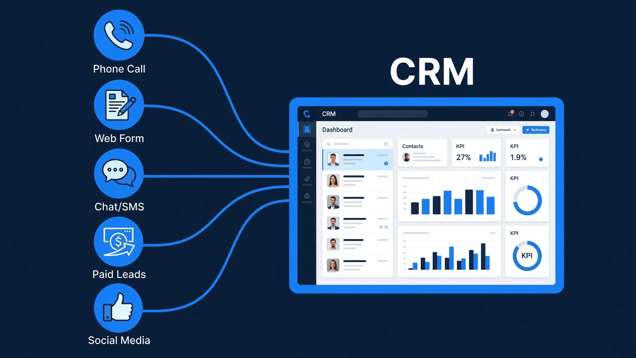 Lead sources flowing into CRM — phone calls, web forms, chat/SMS, paid leads, and social media feeding a dashboard